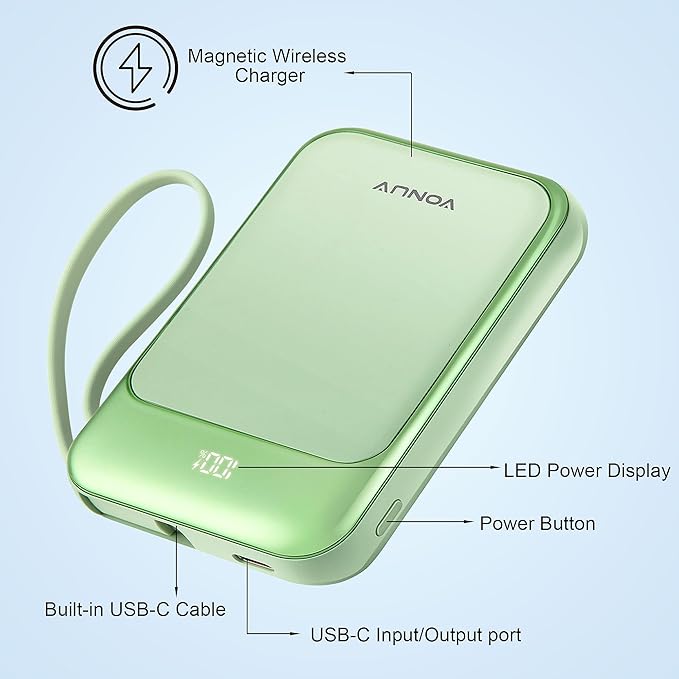 Magnetic Power Bank 10000mAh, Wireless Portable Charger with 15W Max Fast Charging & Built-in USB-C Cable, 22.5W PD LED Display Battery Pack Compatible with iPhone 16/15, Samsung Galaxy(Green)