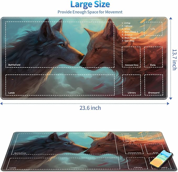 Playmat for MTG with Zones, 24 x 14 inches Game Play Mat for MTG TCG, Trading Card Game Play Mat Desk Mats with Stitched Edges Non-Slip Base, Two Wolfs