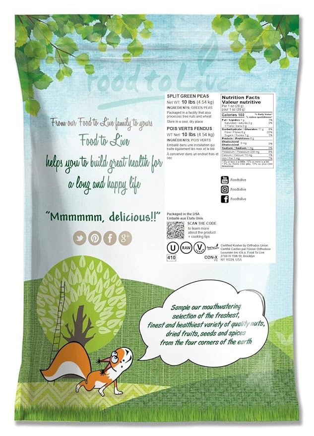 Food to Live Green Split Peas, 10 Pounds - Dried, Vegan, Kosher, Bulk. Easy to Cook. Rich in Protein, Fiber, Essential Minerals. Great for Pea Soup, Stews, Salads. Perfect to Serve with Rice.