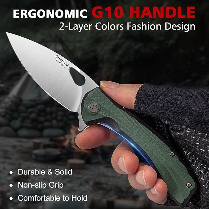 SHAN ZU Pocket Knife 3.2 in, Powder Steel Blade EDC Folding Knife for Men & Women, Utility Survival Knife with G10 Handle & Pocket Clip for Camping Fishing Hiking Hunting - Green