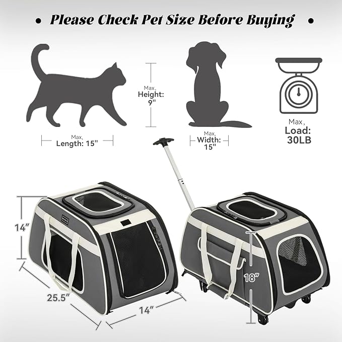 PETSFIT Large Pet Carrier with Wheels Designed for 2 Small Dogs/Multiple Kittens/Medium Dogs with Adjustable Safety Rope & Waterproof Bottom(?‘µ?’�?’• ?’‚?’Š?’“?’�?’Š?’�?’† ?’‚?’‘?’‘?’“?’�?’—?’†?’…)