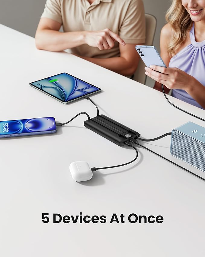Portable Charger with Built in Cables, Slim 10000mAh Power Bank with USB C, External Battery Pack 5 Outputs 2 Inputs LED Display Compatible with iPhone/Android & More (Black)