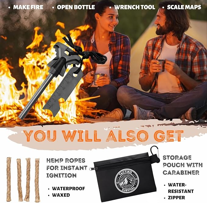 Tactiko Survival Fire Starter Kit - Premium Flint and Steel Firestarter for Campfires, Hemp Rope & Storage Pouch, 4" Magnesium Ferro Rod, Stocking Stuffers for Men, Camping Accessories - U.S. Company
