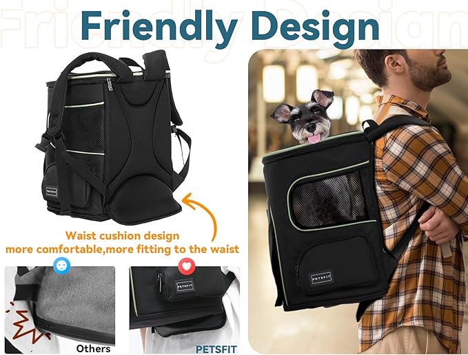 PETSFIT Dog Backpack Carrier with Upgraded Waist Protection Design, Cat Backpacks for Carrying Cats/Dogs/Puppies Up to 22 Pounds. Designed for Hiking Camping Traveling,Black