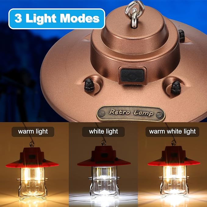 PATIKIL LED Camping Lantern, 2 Pack Vintage Rechargeable Lantern 3 Light Modes Portable Hanging Outdoor Tent Light for Camping, Hiking, Fishing, Bronze Tone 3.66 Inch