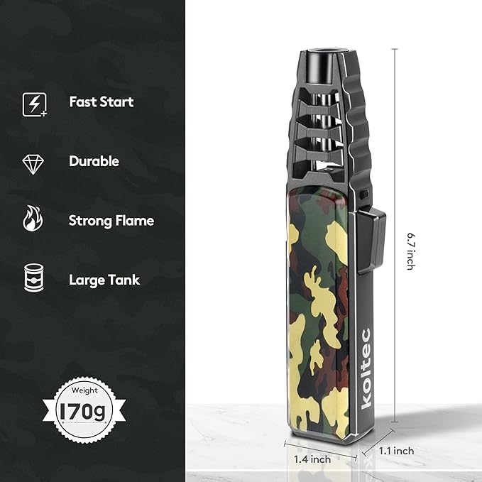 Butane Torch, Outdoor Windproof Cooking Torch Lighter, Refillable Adjustable Jet Flame Kitchen Butane Lighter with Safety and Fire Lock, Gift Box Package (Gas Not Included) (Camouflage)
