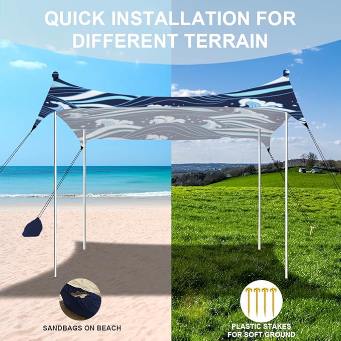 YUKIHOME Beach Tent Sun Shade Canopy Tent, UPF 50+ Camping Beach Sun Shelter 10 x 10ft 4 Pole, Lightweight, Easy Set Up and Carry