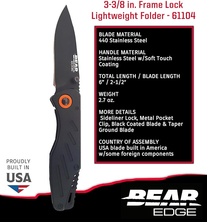 Bear Edge 3-3/8 in. Framelock Folding Knife, 440 High Carbon Stainless Steel Blade, Black Steel Handles, Assisted Opening and Pocket/Boot Clip (61104)