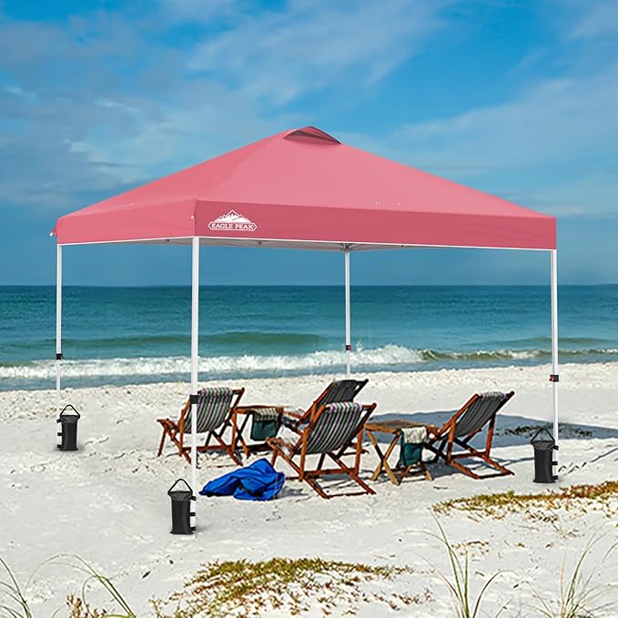 EAGLE PEAK Pop Up Canopy Tent with Wheeled Carry Bag, 8 Stakes, 4 Ropes, 4 Weight Bags, Easy Set Up Tent Canopy, 10x10 ft, 100sqft of Shade, Peach Pink