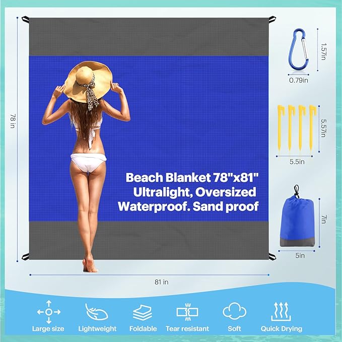 EASYFUN Beach Blanket Sandproof Oversized, 79''×83'' Extra Large Beach Mat, Portable Picnic Mat for Travel Camping Hiking, Lightweight Beach Essentials Family Water Resistant Mat Nylon 210T