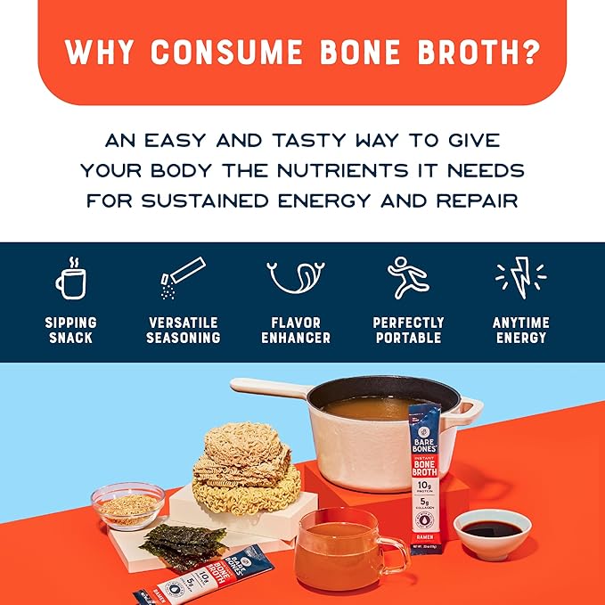 Bare Bones Bone Broth Instant Powdered Beverage Mix, Ramen, Pack of 16, 15g Sticks, 10g Protein, Keto & Paleo Friendly, Non-GMO, Gluten-Free, Dairy-Free