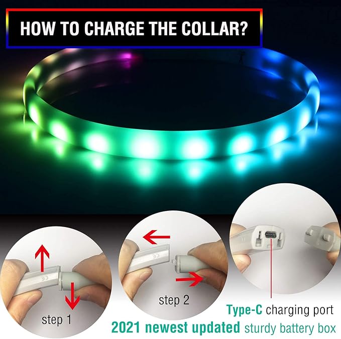 Led Dog Collar Rechargeable USB-C, Super Bright Multi-Color Light Up Collar, Weatherproof Lighted Safety Dog Collar Light for Night Walking,Size Cuttable for Large Medium Small Dogs