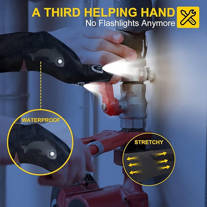 LED Rechargeable Flashlight Gloves, Gifts for Men, for Dad, Cool Stretchy Fingerless Light Gloves Gadget for Repairing Fishing Camping and Car Repairing, 1 Pair