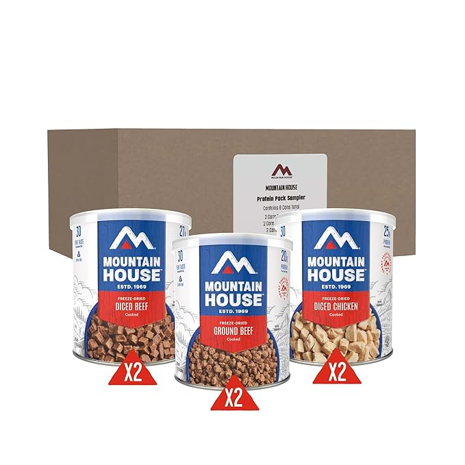 Mountain House Freeze-Dried Protein Pack Sampler ??6 Cans | Diced Chicken, Diced Beef & Ground Beef | 102 Total Servings | Cooked, High-Protein Emergency Food | 30-Year Taste Guarantee | Made in USA