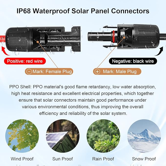 Solar Panel Extension Cable - 10AWG 10FT Solar Wire with Female & Male Waterproof Connector Flame Retardant Protective Sleeving PV Wire for RV, Photovoltaic Systems, Home, Boat, Solar Panels, Car