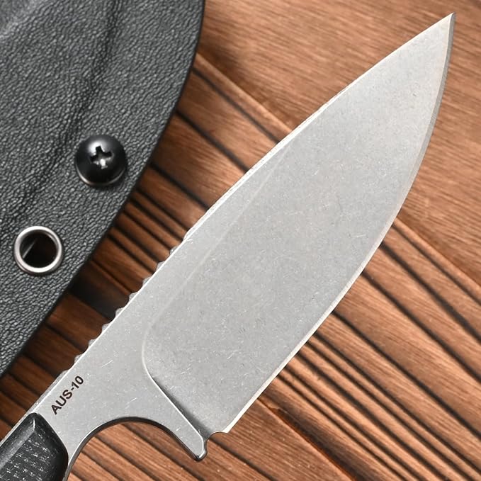 FF101 Micarta Handle Fixed Blade Knife, AUS-10 Steel Blade Full Tang Knife with Sheath for Outdoor Camping Hunting Fishing Working (Black)