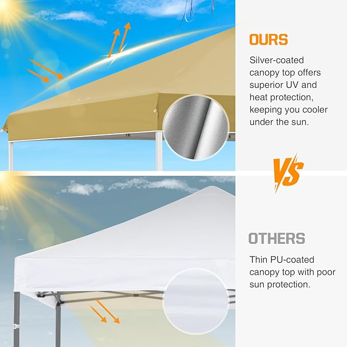 EAGLE PEAK Pop Up Canopy Tent with Wheeled Carry Bag, 8 Stakes, 4 Ropes, 4 Weight Bags, Easy Set Up Tent Canopy, 10x10 ft, 100sqft of Shade, Beige