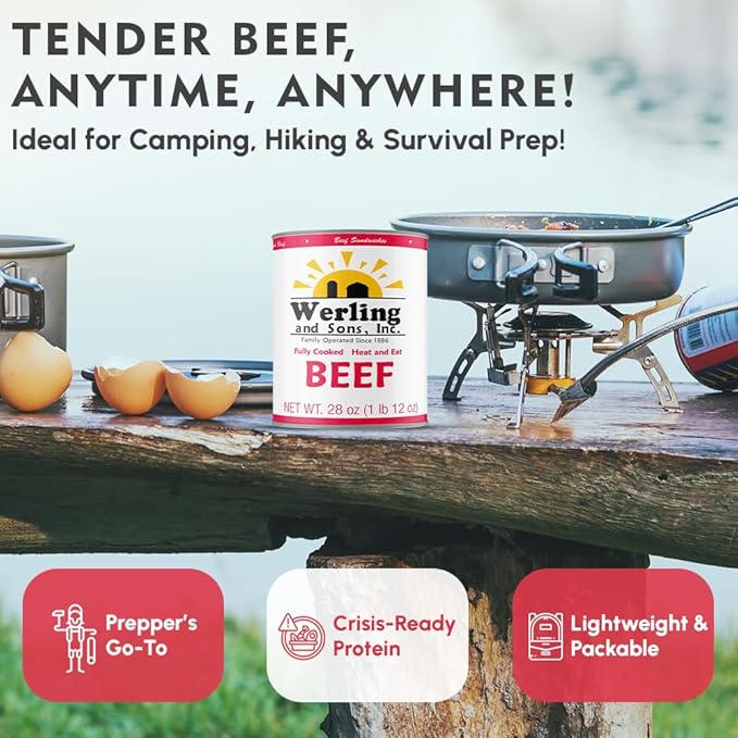 Werling Meats Canned Beef 28 Oz Fully Cooked, Heat & Eat | Shelf Stable Canned Meat for Pantry Staples, Everyday Meals, Camping, Hiking, Emergency & Survival | 5-Year Shelf Life | Made in USA | 6 Pack