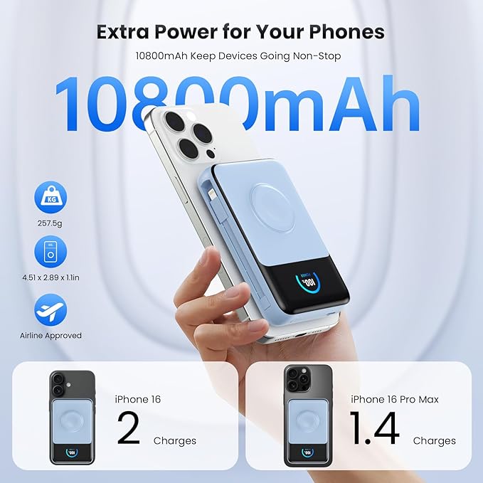 Magnetic Portable Charger 10800mAh with Built-in Cables,5-in-1 Qi2 Certified 15W Wireless Power Bank with iWatch Charger,30W PD Fast Charging USB-C Battery Pack for iPhone 17/16/15/14/13/12-Light Blue