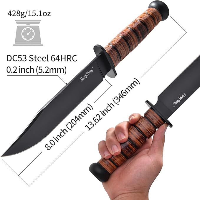 Fixed Blade Knife, 8.0??Black Titanium PVD Coating DC53 Steel Blade Hunting Knives with Leather Sheath, Ergonomic Handle Bushcraft Bowie Knife for Camping, Hiking