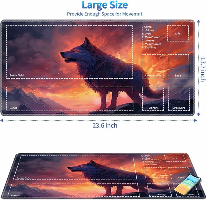 Playmat for MTG with Zones, 24 x 14 inches Game Play Mat for MTG TCG, Trading Card Game Play Mat Desk Mats with Stitched Edges Non-Slip Base, Fire Wolf