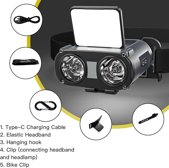 WARSUN Rechargeable Fishing Headlamp ??800 Lumens LED Headlight with 90° Adjustable COB Panel, Motion Sensor, 5 Modes, Ideal for Night Fishing, Camping, Hiking, Emergency