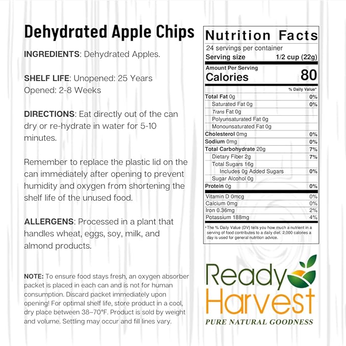 Ready Harvest Dehydrated Food - Apple Slices | Emergency Food | Camping & Survival Kits | #10 Can | 30-Year Shelf Life | Cans Filled to the Top