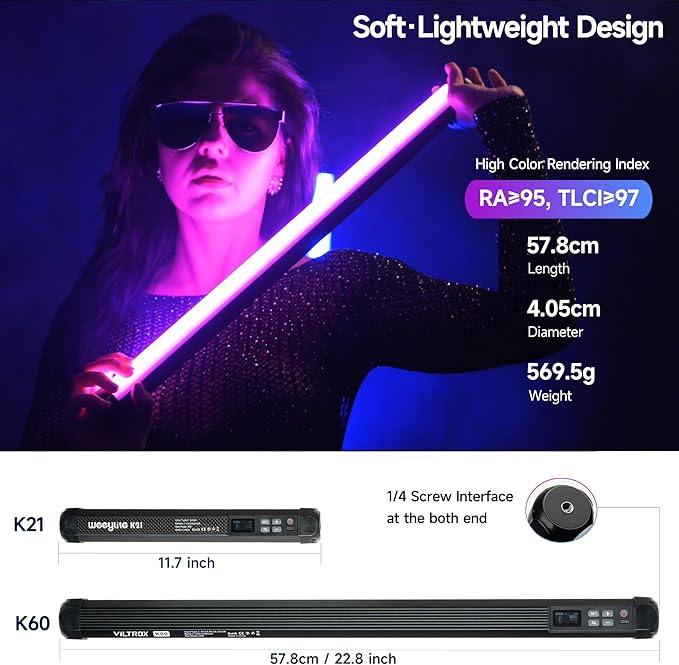 VILTROX K60 2 Pack Large Handheld Stick Light, 32Wh Rechargeable Battery 20W 1950lm RGB LED Video Light w PD Fast Charging CRI 97+ 2500K-8500K LCD Display, 22.8" Tube Light for Photography Light Wand