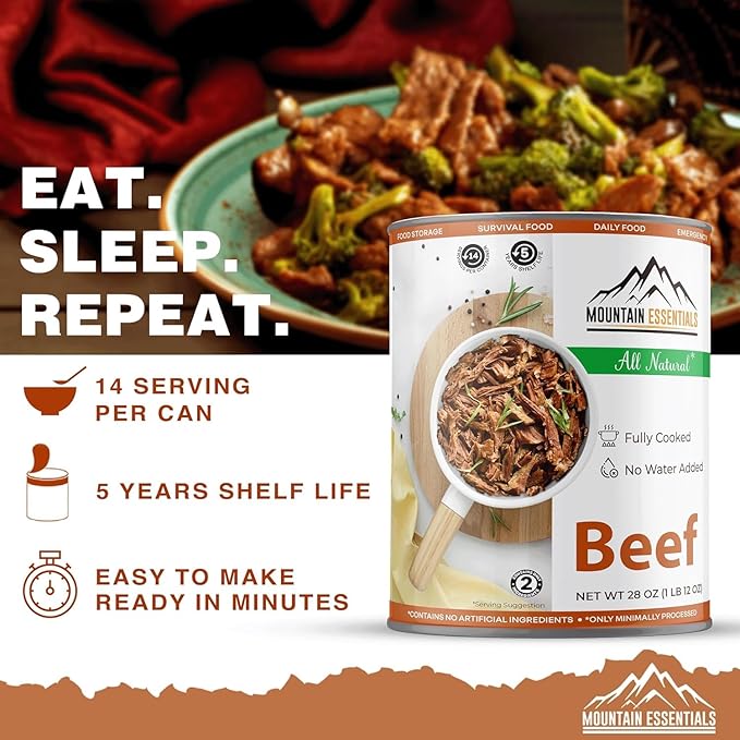MOUNTAIN ESSENTIALS Fully Cooked Ready to Eat Canned Meat Variety Pack 28 Oz – 3 Beef, 3 Ground Beef, 2 Chicken, 2 Turkey, 2 Pork – Pantry Staples for Daily Use & Emergency Meals – Made in USA 12 Pack