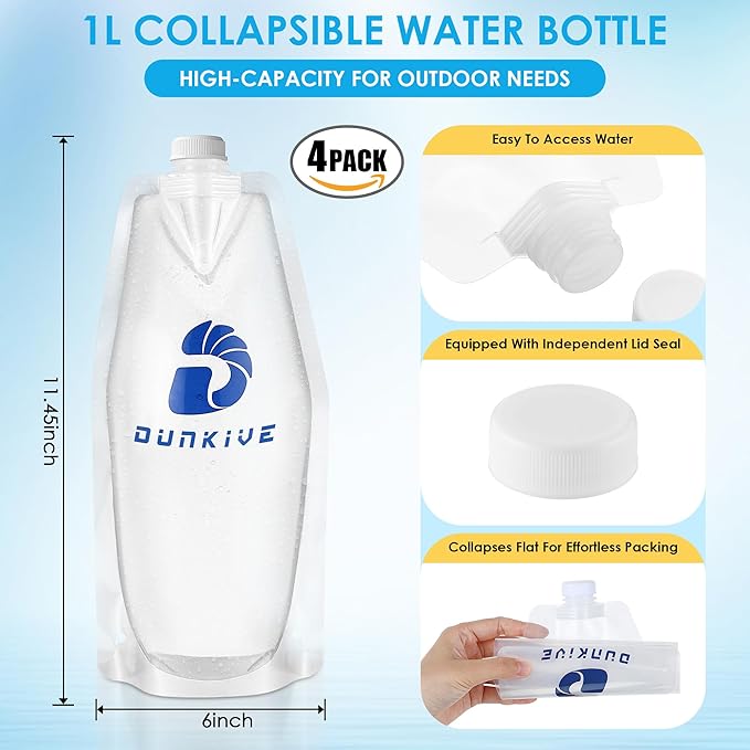 Filter Collapsible Water Bottles, 1L Canteens (32oz), Foldable Water Container for Traveling, Hiking, Camping, Backpacking - Lightweight, Reusable, Clear Design(6 Pack)