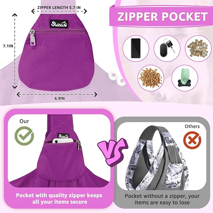SlowTon Dog Carrier Sling - Thick Padded Shoulder Strap Adjustable Dog Carriers for Small Dogs, Puppy Carrier Purse for Pet Cat with Front Zipper Pocket Safety Belt Machine Washable (Purple S)