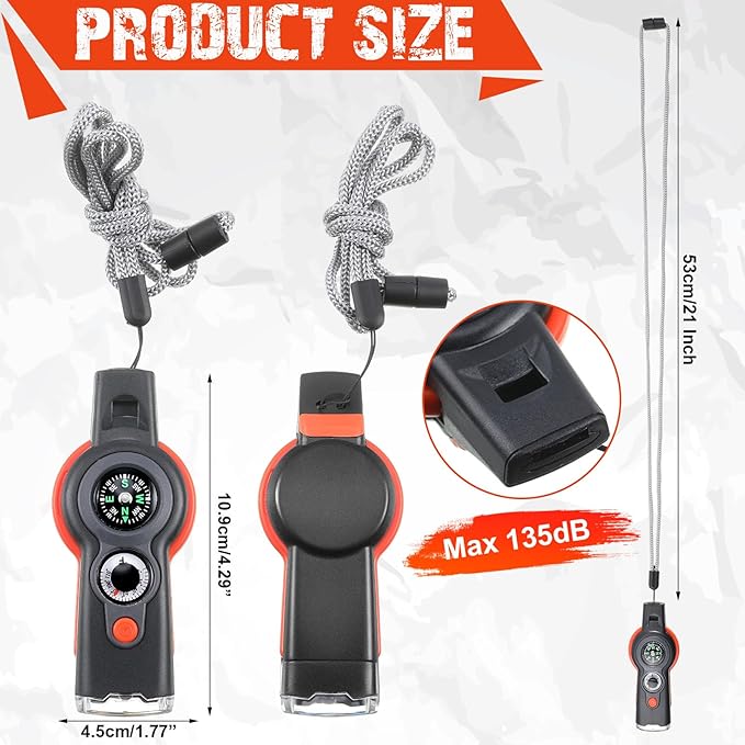 12 Pack Emergency Survival Function Whistle 7-in-1 Compass Hiking Survival Safety Whistle with Lanyard Outdoor Multifunctional Tool Ideal for Hiking Camping Rescue Signaling