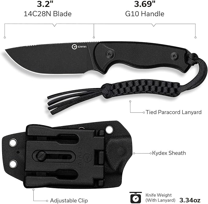 CIVIVI Timberbark Fixed Blade Knife with Kydex Sheath & Clip, 3.2" 14C28N Blade G10 Handle with Lanyard, Ideal EDC Hunting Knife for Outdoor Adventures Camping Hiking C23094-1, Black
