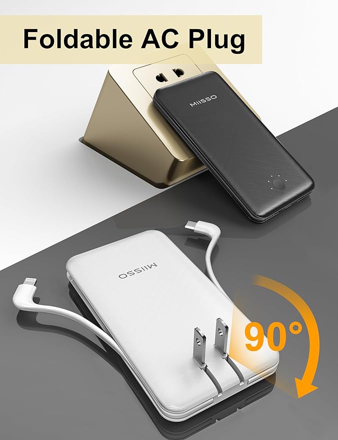 miisso Ultra Slim 10000mAh Power Bank Built-in Cables and Foldable AC Wall Plug, Pocket Size USB C Portable Charger, External Battery Pack Compatible with iPhone Samsung, 2 Pack Black & Pink