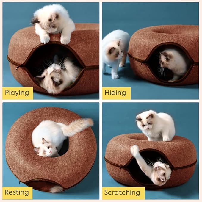 Laluz 2021 Large Cat Tunnel Bed for Indoor Cats Up to 30 Lbs Peekaboo Donut Cave with Catnip and Plush Toys Scratch Resistant Felt Design Detachable and Washable Cat Tunnel (Chocolate, L)