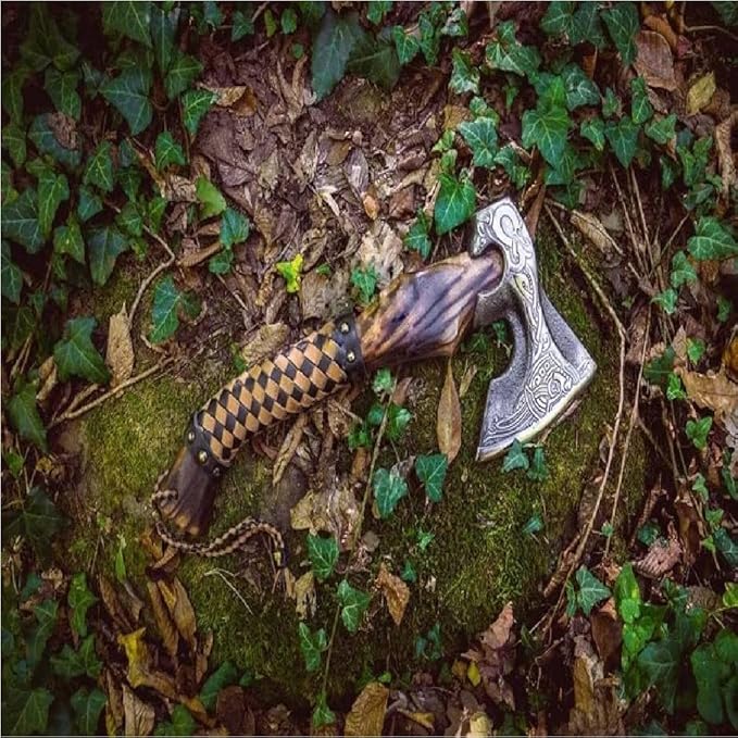 Forest Hunting | Custom Handmade Viking Medieval Axe,Real Battle ax,Camping Axes Tomahawk,Bearded War Hatchet,Valhalla Axe with Leather Sheath Wood Handle Gifts for Men self Defence (Leather Wrap)