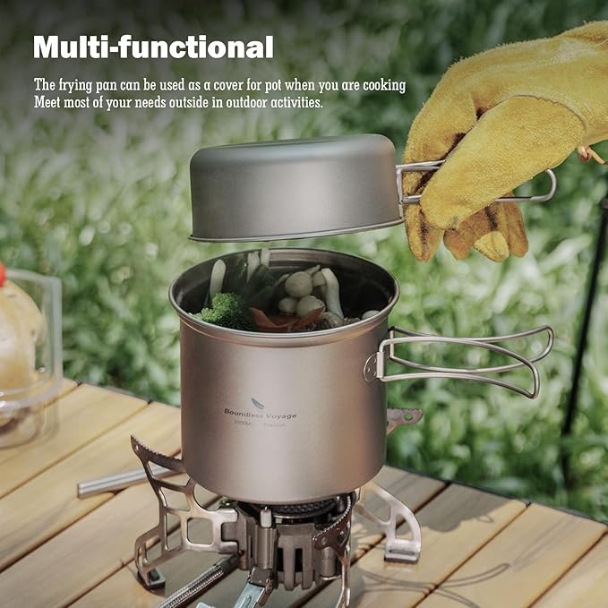 iBasingo Backpacking Cookset Titanium Camping Pots Set Ultralight Outdoor Picnic Pots Pans with Folding Handle Druable Portable Cooking Mess Kit Compact Picnic Dishes Bowls Cups (Multiple Sizes)