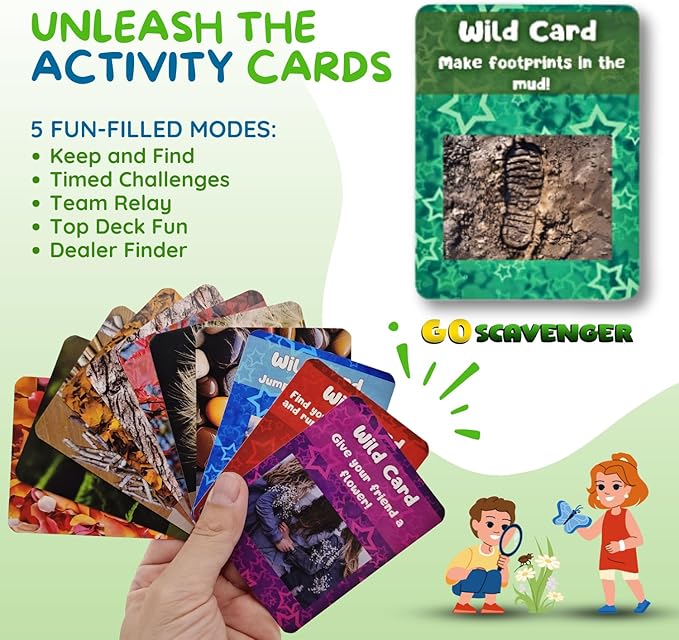 Deck?™D - Go Scavenger I 40 Toddler Scavenger Hunt Cards I Fun & Educational Outdoor Games with 5 Play Modes I Inc Magnifying Glass &Trophy I Scavenger Hunt for Kids Ages 4-8 and up