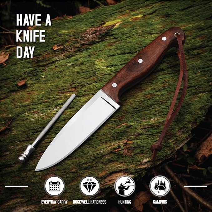 H & H BLADES Handmade D2 Steel Skinning Knife | 10 Inch Fixed Blade Hunting Knife with Leather Sheath | Bushcraft Survival Knife Best for Fishing, Camping and Outdoors