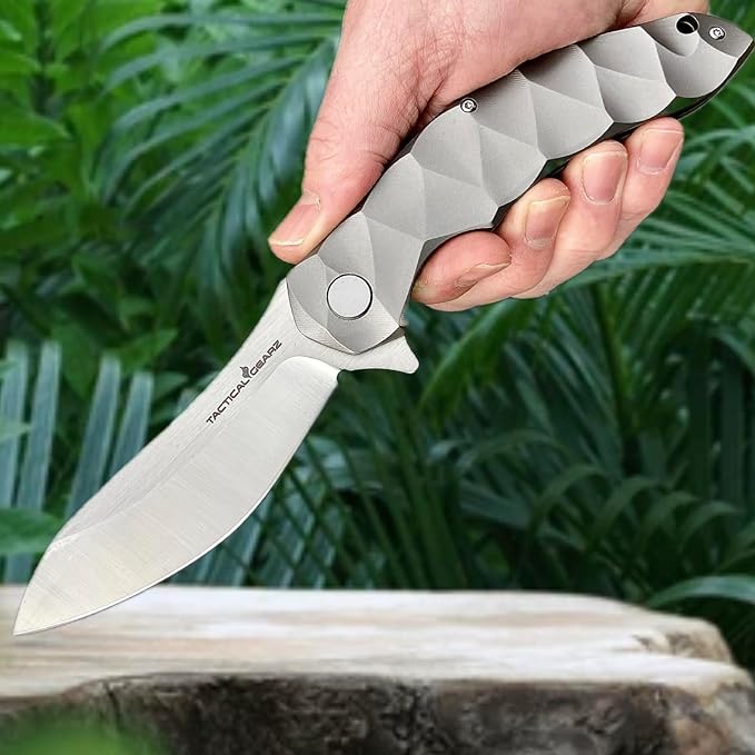 TACTICAL GEARZ Titanium Pocket Folding Knife, Solid Tc4 Titanium Handle, Razor Sharp CPM-D2 Steel DAO Blade, Includes Sheath (Ares)