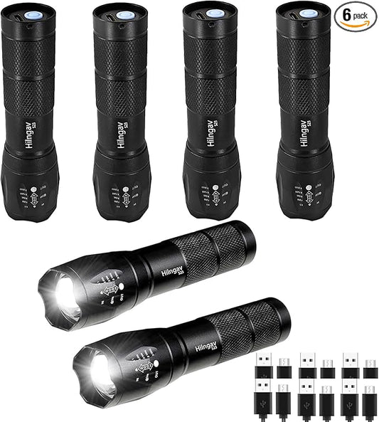 6 Pack LED Rechargeable Flashlight, Super Bright Small Mini Camping Flashlights Zoomable Beam, Convenient USB C Charging for Camping Hiking Outdoor Home Emergency