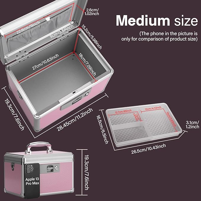 Medicine Lock Box for Safe Medication - 11.2 x 7.6 x 7.6 Inches - Lockable Storage Box for Drugs, First Aid Kit Empty, Lock Boxes with Key for Home/Outdoor (Pink/Medium)
