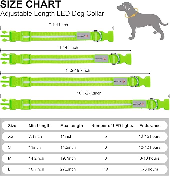 CHUKCHI LED Dog Collar Rechargeable,Waterproof Flashing Collar,Light Up Glow Collar, Adjustable Soft Safety Light Up for Small Medium Large Dogs Walking Camping at Night (Green-L)