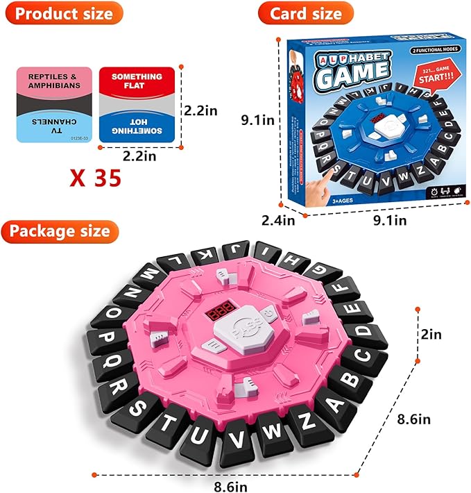 Word Game Family Board Game with Digital Display Timer, 2 Modes, 35 Double-Sided Cards, Fun Fast-Paced 24-Letter Game for Learning Party Interactive, 2+ Players, Ages 3 & Up (Pink)