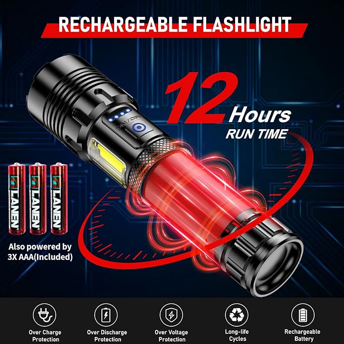 Shadowhawk Rechargeable Flashlights High Lumens, 2000LM XHM90.2 30W LED Flash Light with COB Light, 7 Modes Super Bright Flashlight Battery Powered, Handheld Powerful Flashlight for Home, Emergency