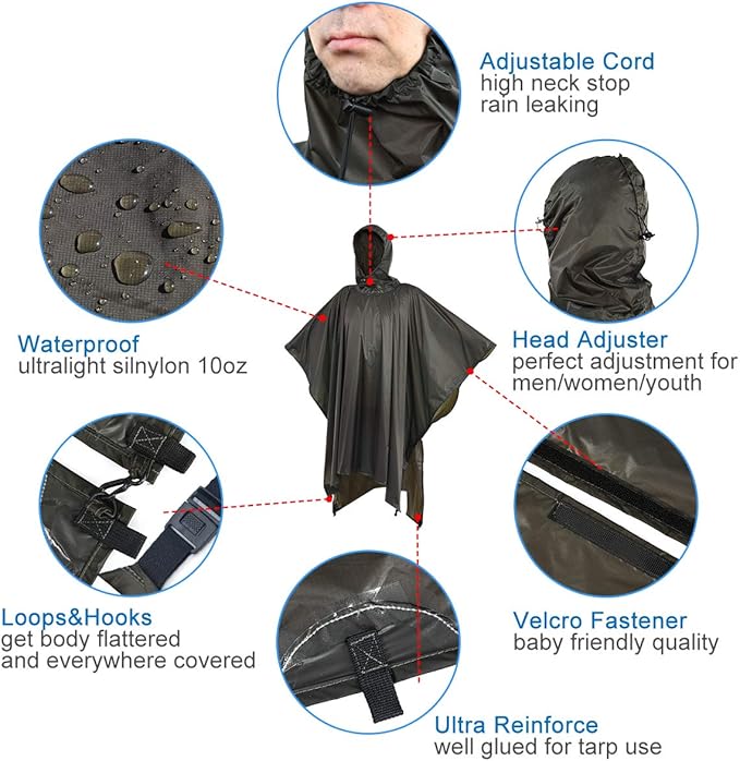 onewind Hooded Rain Poncho, Silnylon Rain Coat Versatile Survival Shelter Waterproof Breathable Lightweight Poncho