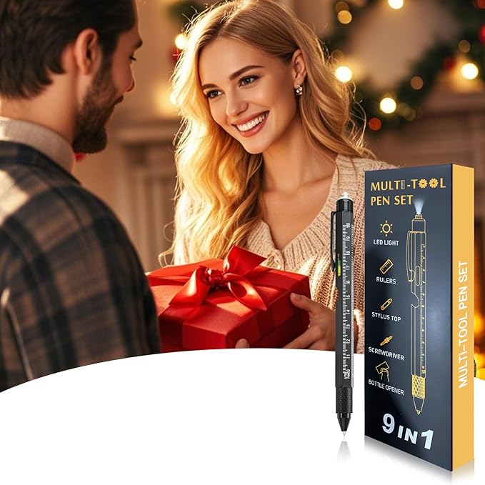Christmas Gifts Stocking Stuffers for Men,Multitool Pen 9 in 1 Innovative Gift for Men,with LED Light,Ruler, Stylus,Bubble Level,Screwdrivers,Unique Gifts Gadgets for Him,Boyfriend,Husband