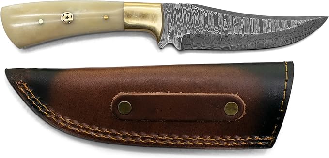 Titan International Knives 8" Perfect Hunting & Skinning Damascus Steel Fixed Blade Knife | Handmade 1095 4340 Carbon Mix Hand Pounded | Camel Bone Grip ideal for Outdoor Camping includes Sheath