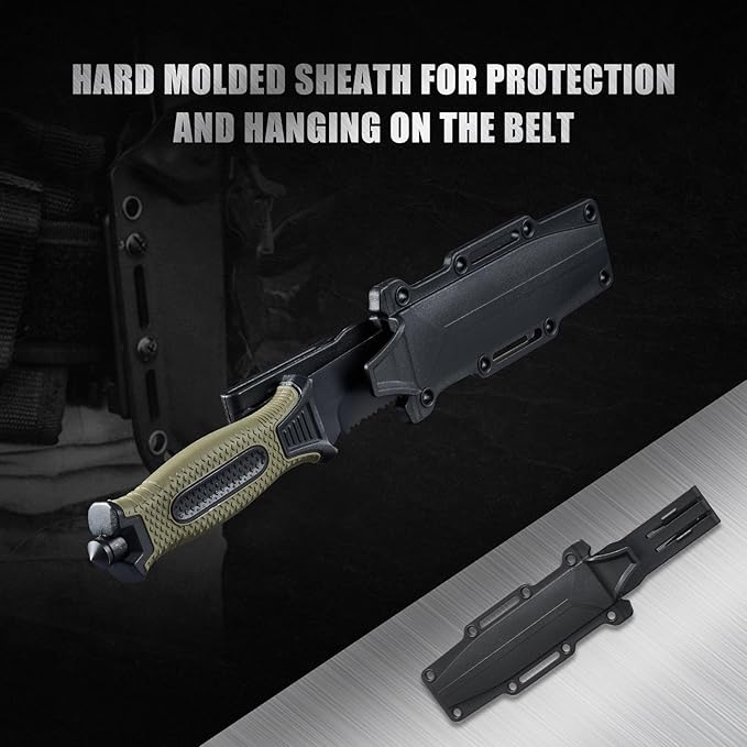 2pcs 10" Fixed Blade Tactical Knives with Sheath and Clip, Survival Full Tang Non-Slip Handle Knife for Camping, Hunting, Adventure, Outdoors, EDC, Green Handle
