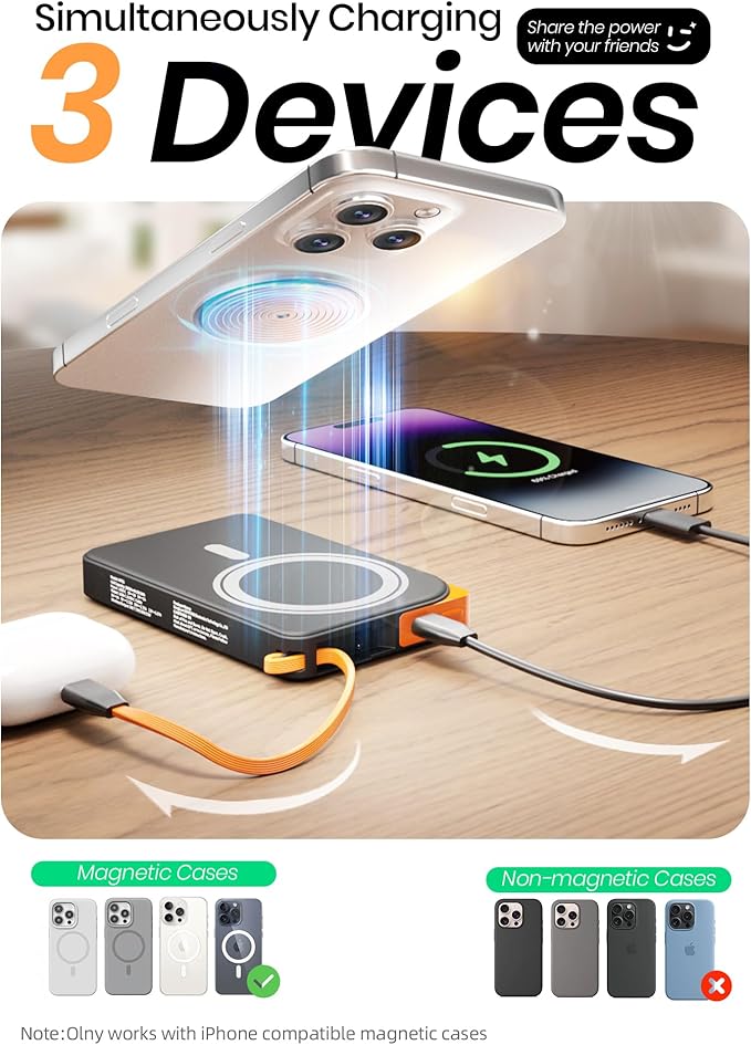 for Magsafe Battery Pack 10000mAh, 3-in-1 Magnetic Portable Charger with USB-C Cable 22.5W Fast Charging, Foldable Stand Wireless Power Bank, Powerbank Compatible with iPhone 17/16/15/14/13/12 Series